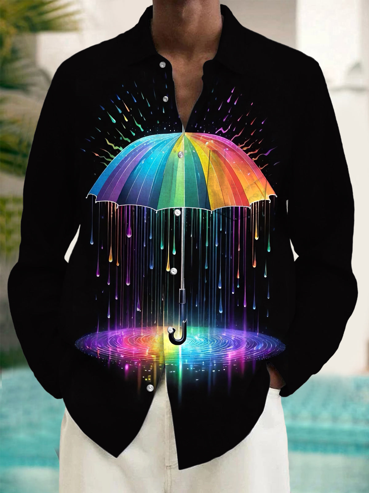 Rainbow Umbrella Men's Pocket Long Sleeve Shirts