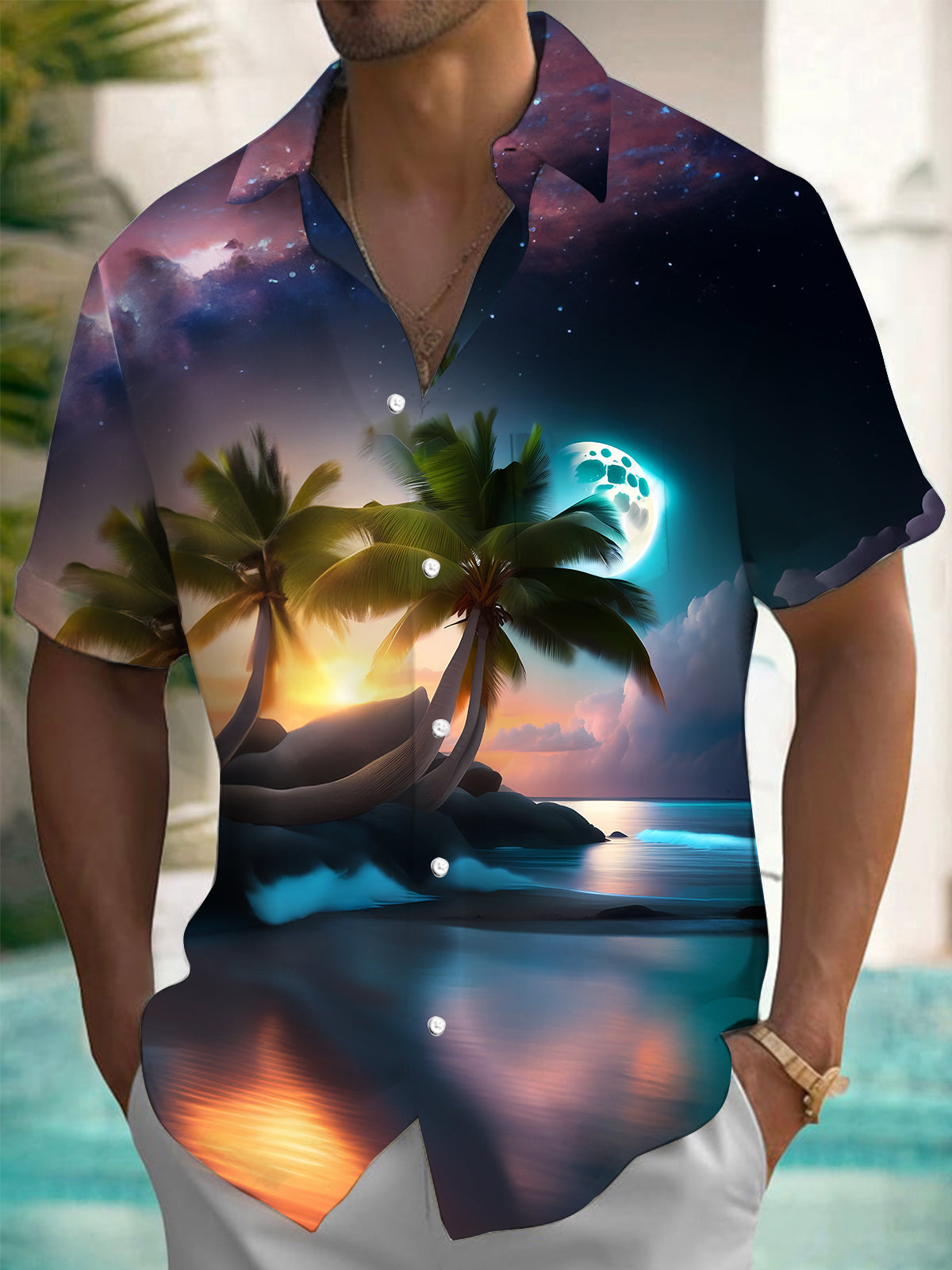 Coconut Tree Moon Men's Pocket Short Sleeve Shirts