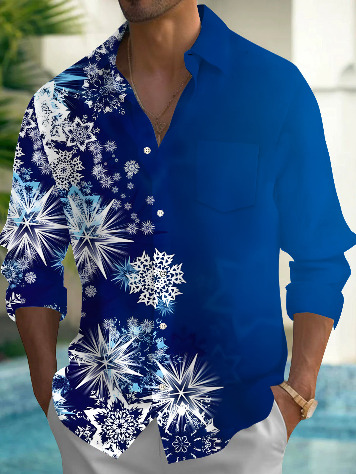 Snowflake Men's Pocket Long Sleeve Shirts