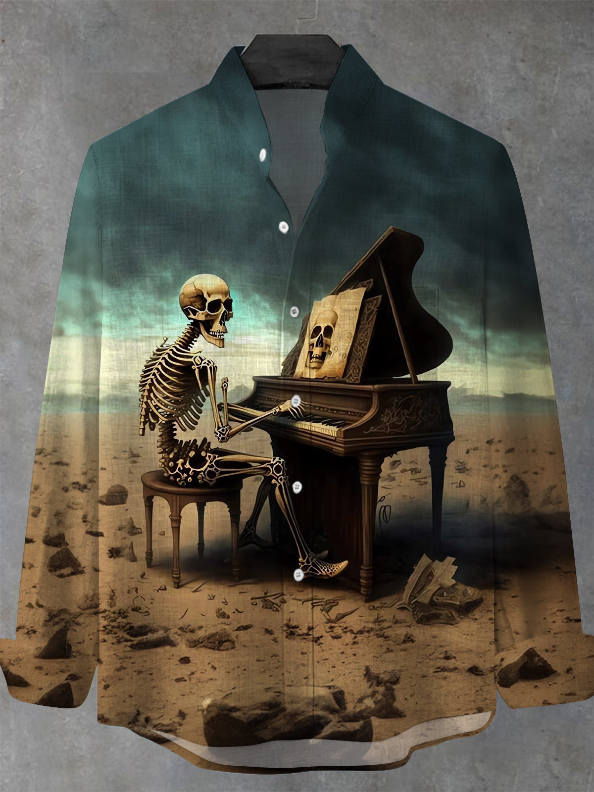 Skull Playing Piano Men's Pocket Long Sleeve Stand Collar Shirts