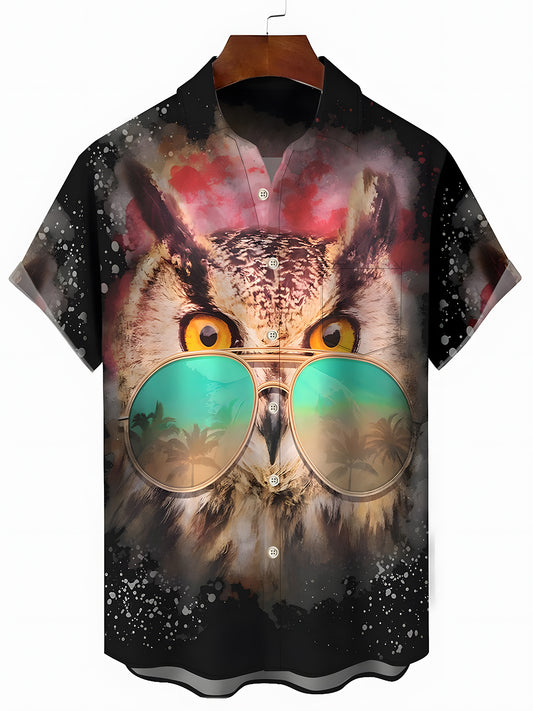 Animal Owl Print Men's Pocket Short Sleeve Shirts