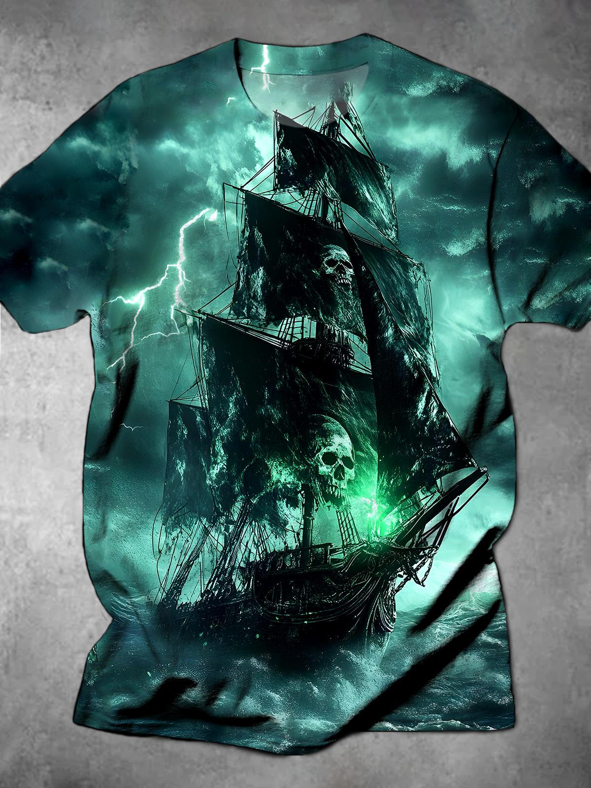 Skull Boat Round Neck Short Sleeve Men's T-shirt