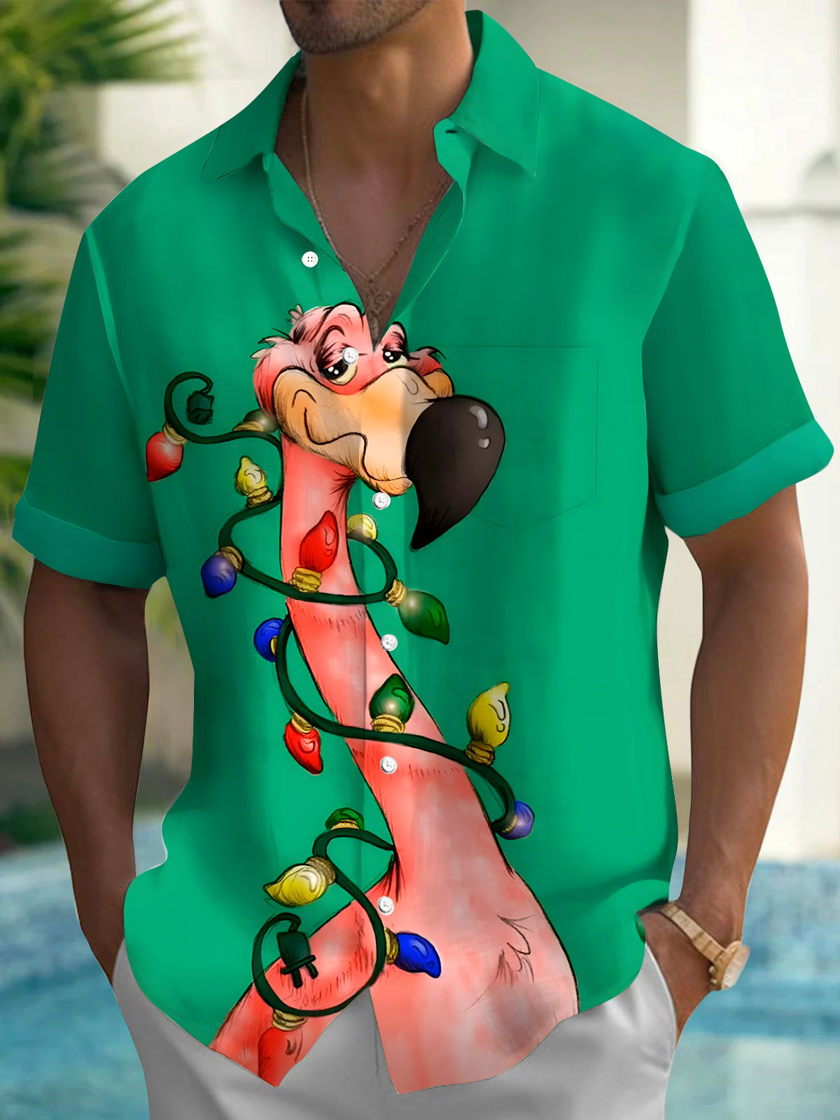 Christmas Flamingos Men's Pocket Short Sleeve Shirts