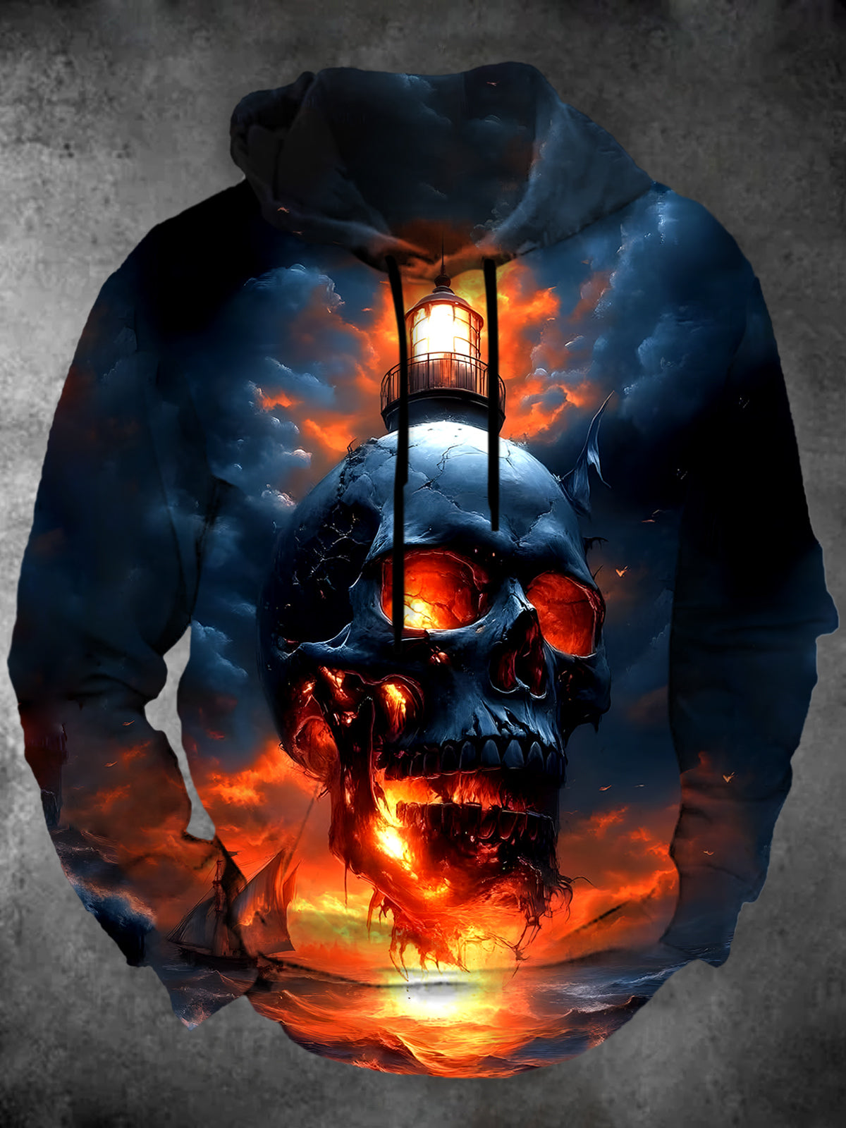 Skull Lighthouse Long Sleeve Hooded Pocket Men's Top