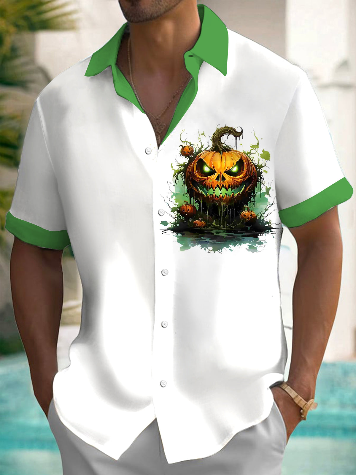 Halloween Pumpkin Men's Pocket Short Sleeve Shirts