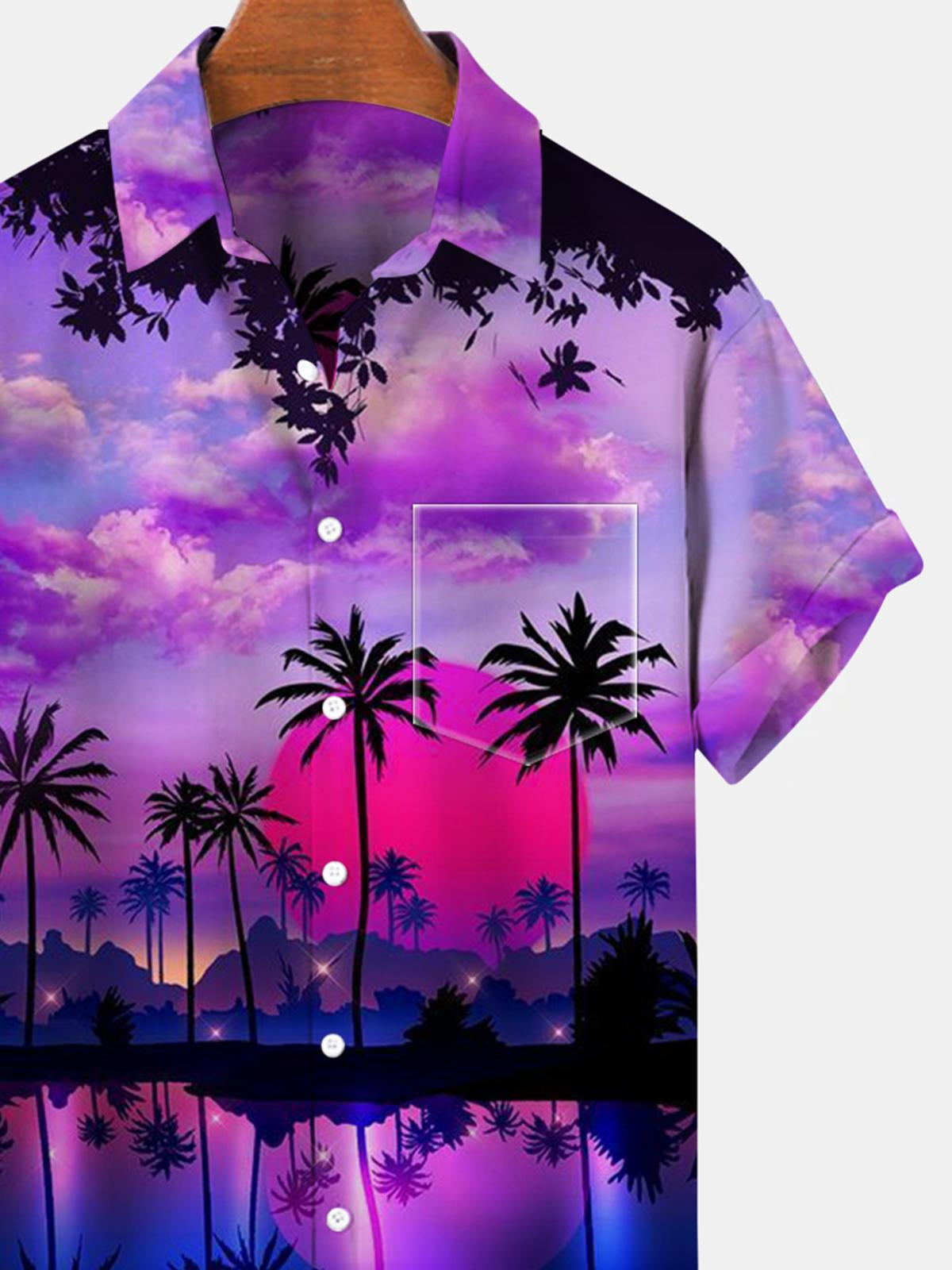 Coconut Tree Sunset Kurzarm Herrenhemden mit Tasche