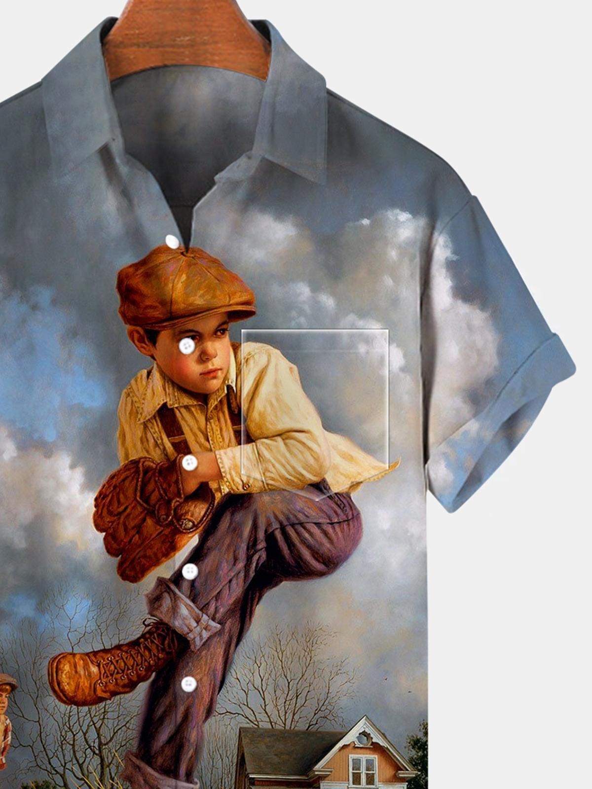 Baseball Boy Kurzarm Herrenhemden mit Tasche