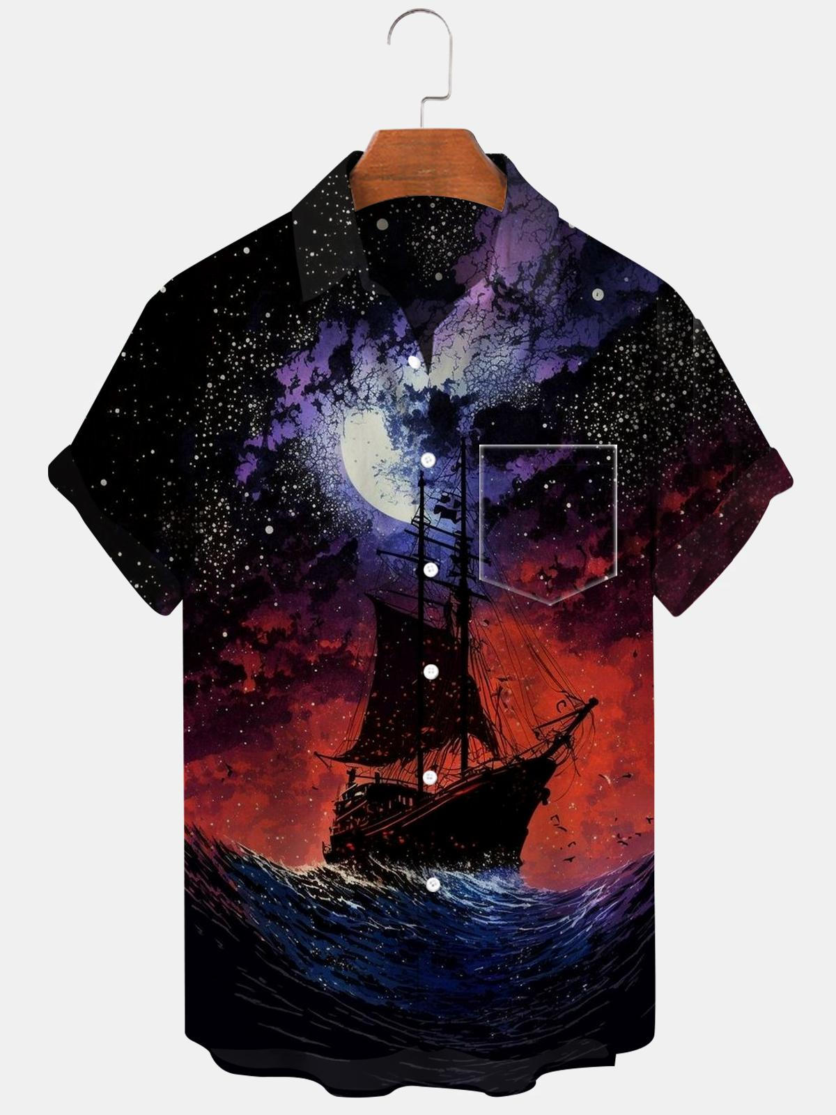 Boat Moon Short Sleeve Men's Shirts With Pocket