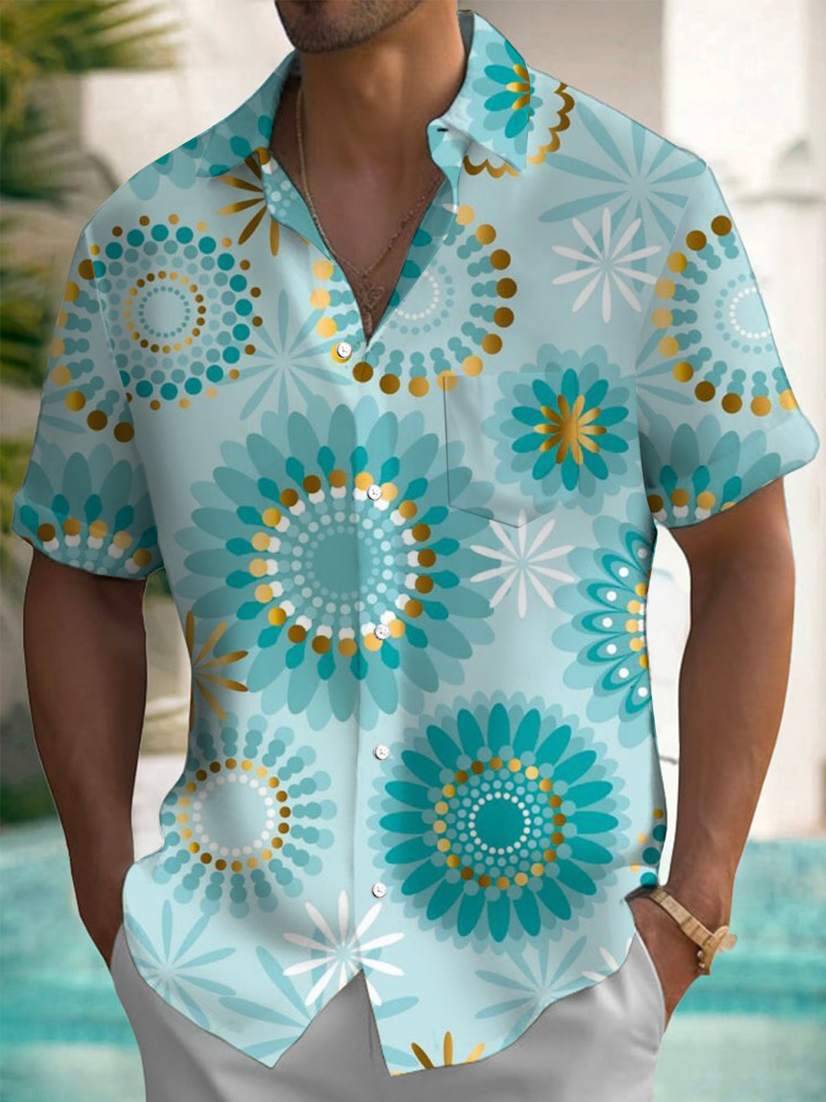 Floral Geometric Print Short Sleeve Men's Shirts With Pocket