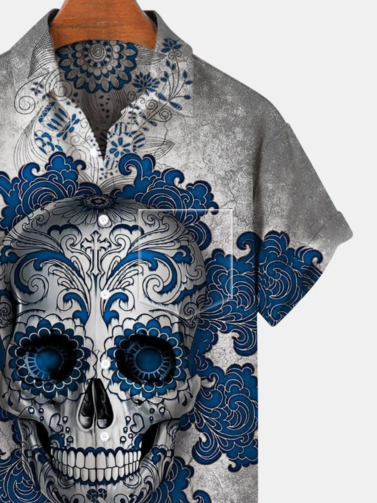 Skull Flower Short Sleeve Men's Shirts With Pocket