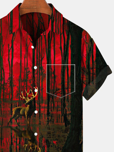 Deer Forest Short Sleeve Men's Shirts With Pocket