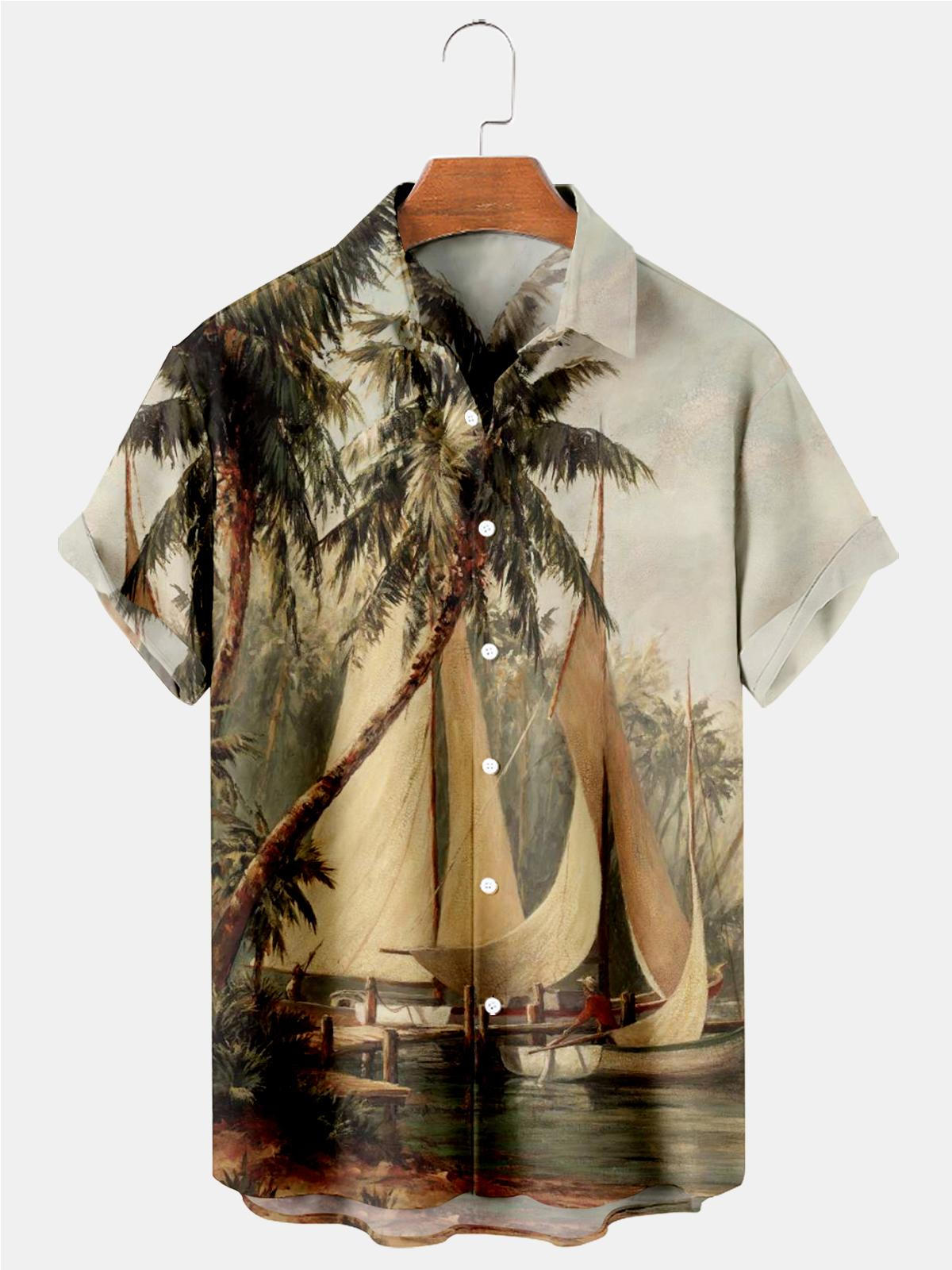 Hawaiian Vintage Oil Painting Sailboat Coconut Tree Print Men's Shirts