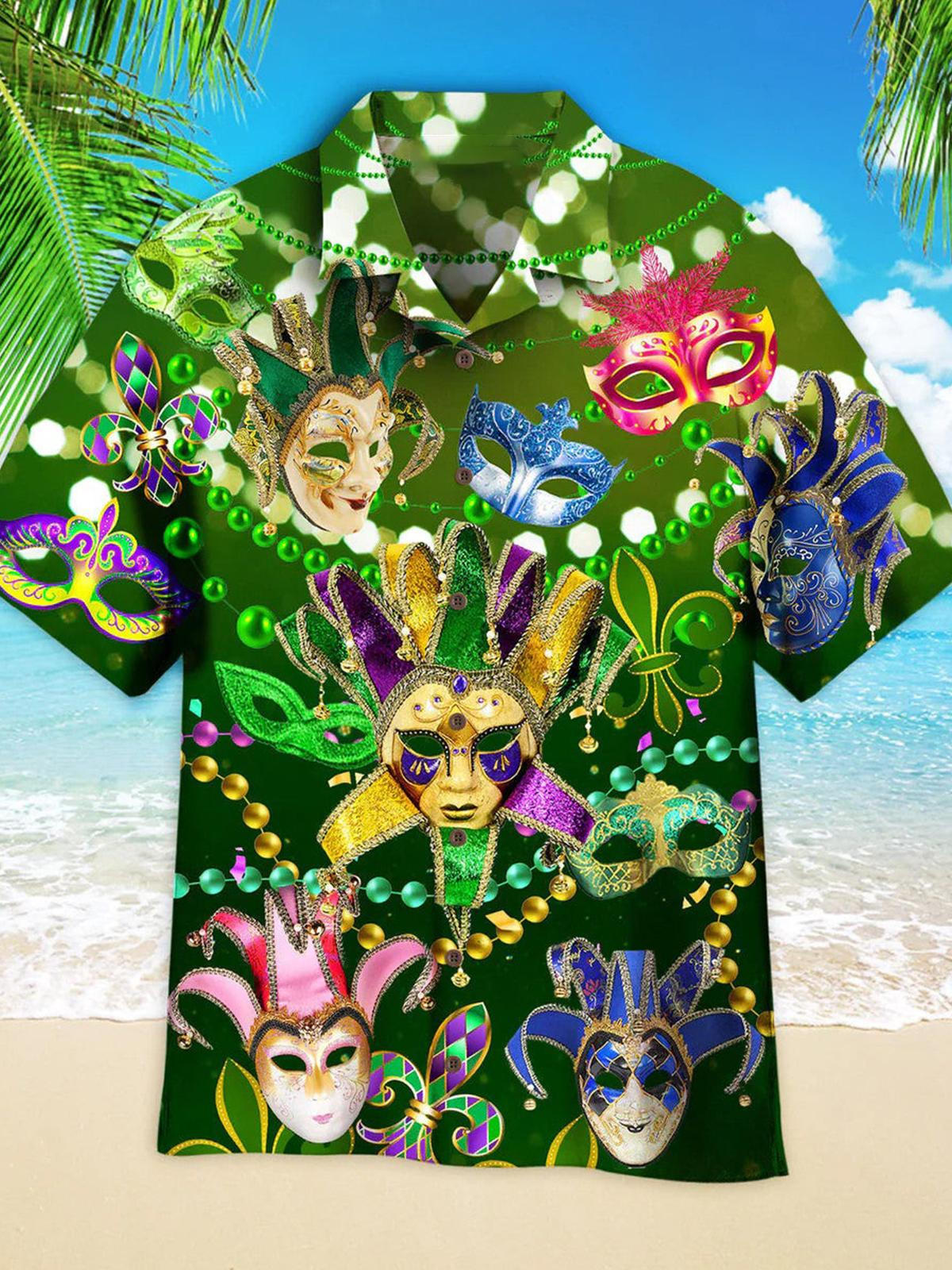 Mardi Gras Mask Hawaiian Men's Cuban Collar Short Sleeve Shirt