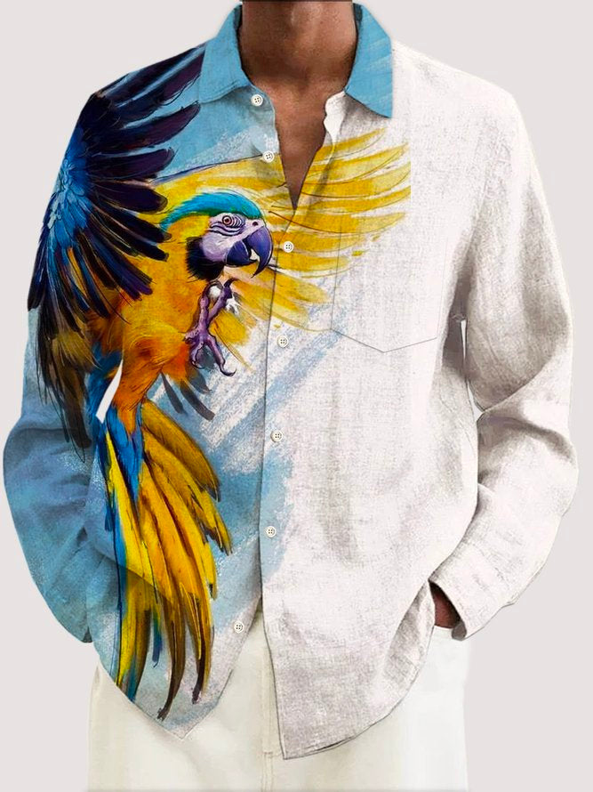 Men's Parrot Print Button Pocket Long Sleeve Shirt