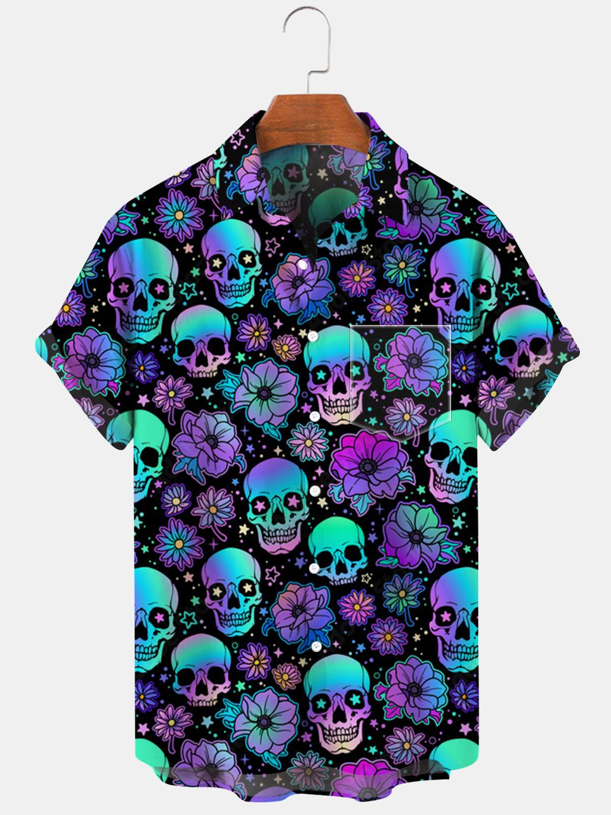 Skull Flower Short Sleeve Men's Shirts With Pocket