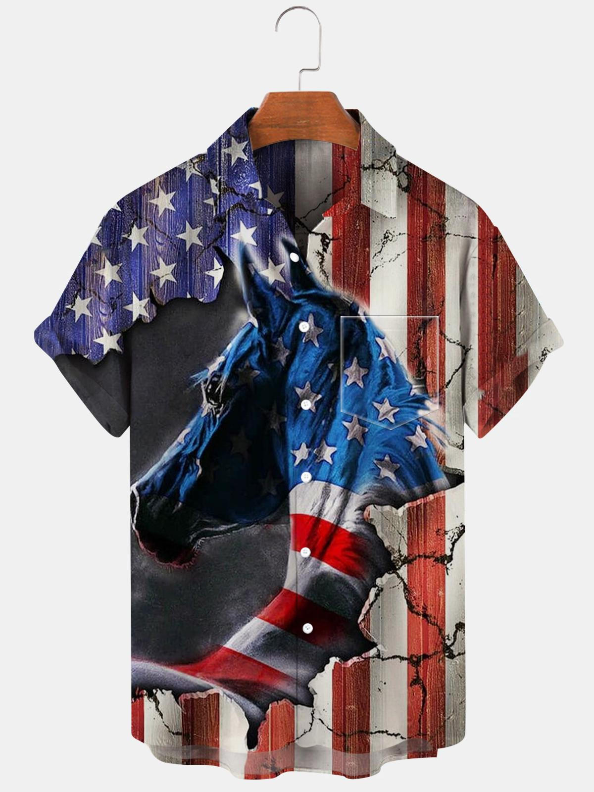 American Flag Horse Short Sleeve Men's Shirts With Pocket