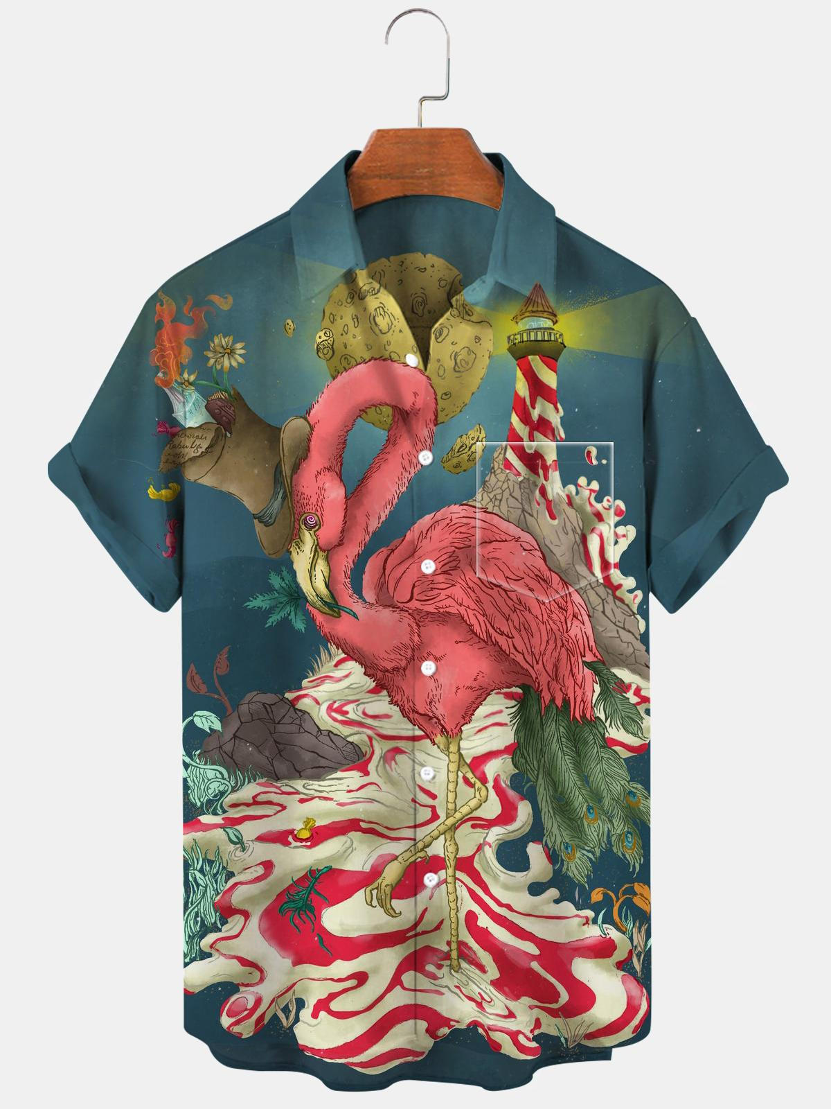 Flamingo Lighthouse Short Sleeve Men's Shirts With Pocket