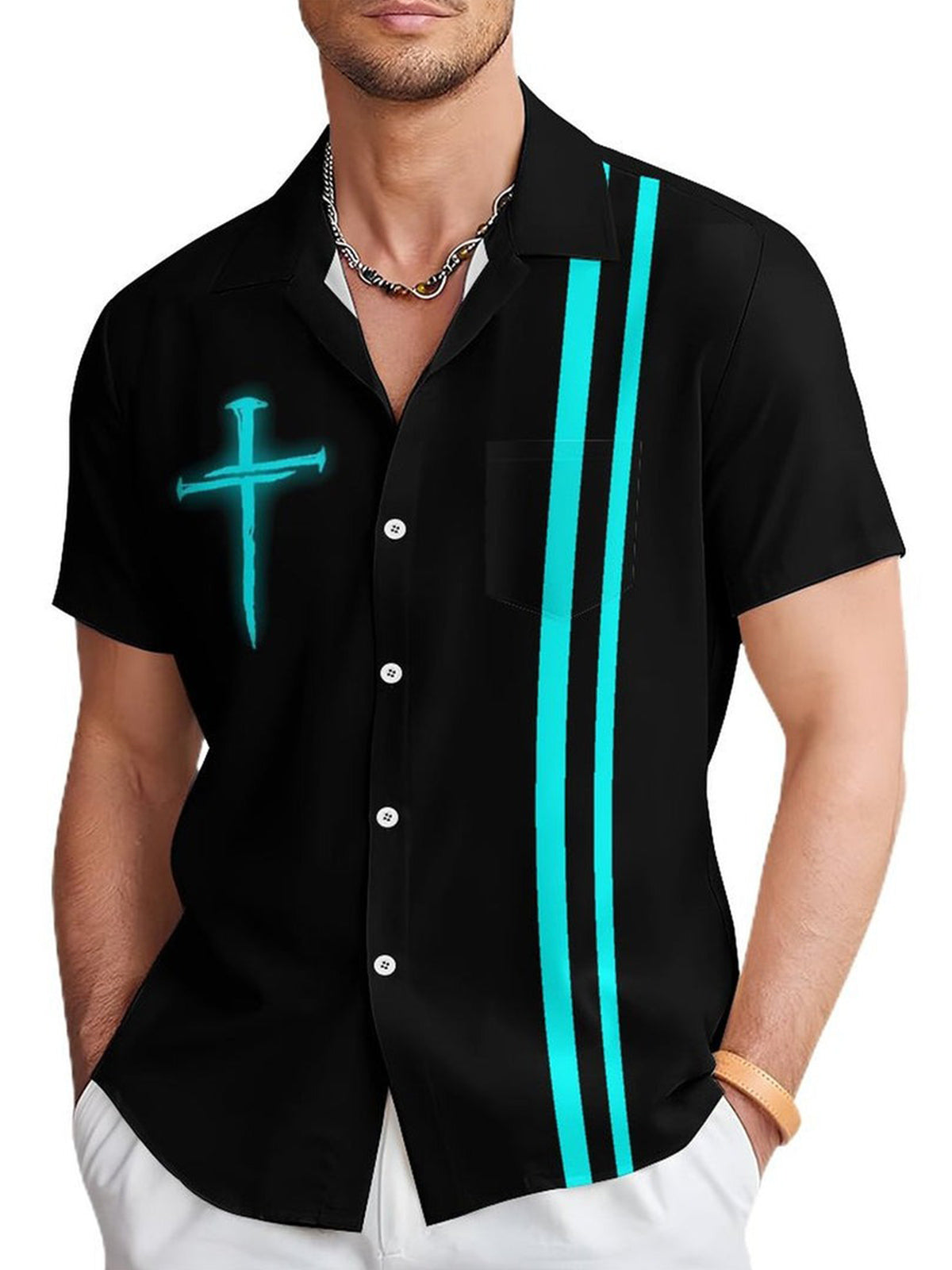 Cross Print Stripe Short Sleeve Men's Shirts With Pocket