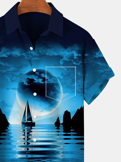 Sailboat Moon Sea Short Sleeve Men's Shirts With Pocket