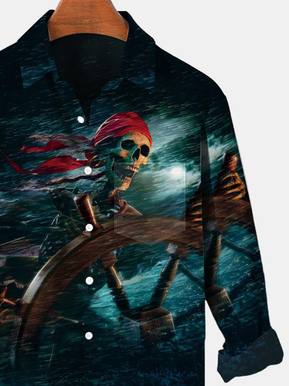 Skull Long Sleeve Men's Shirts With Pocket