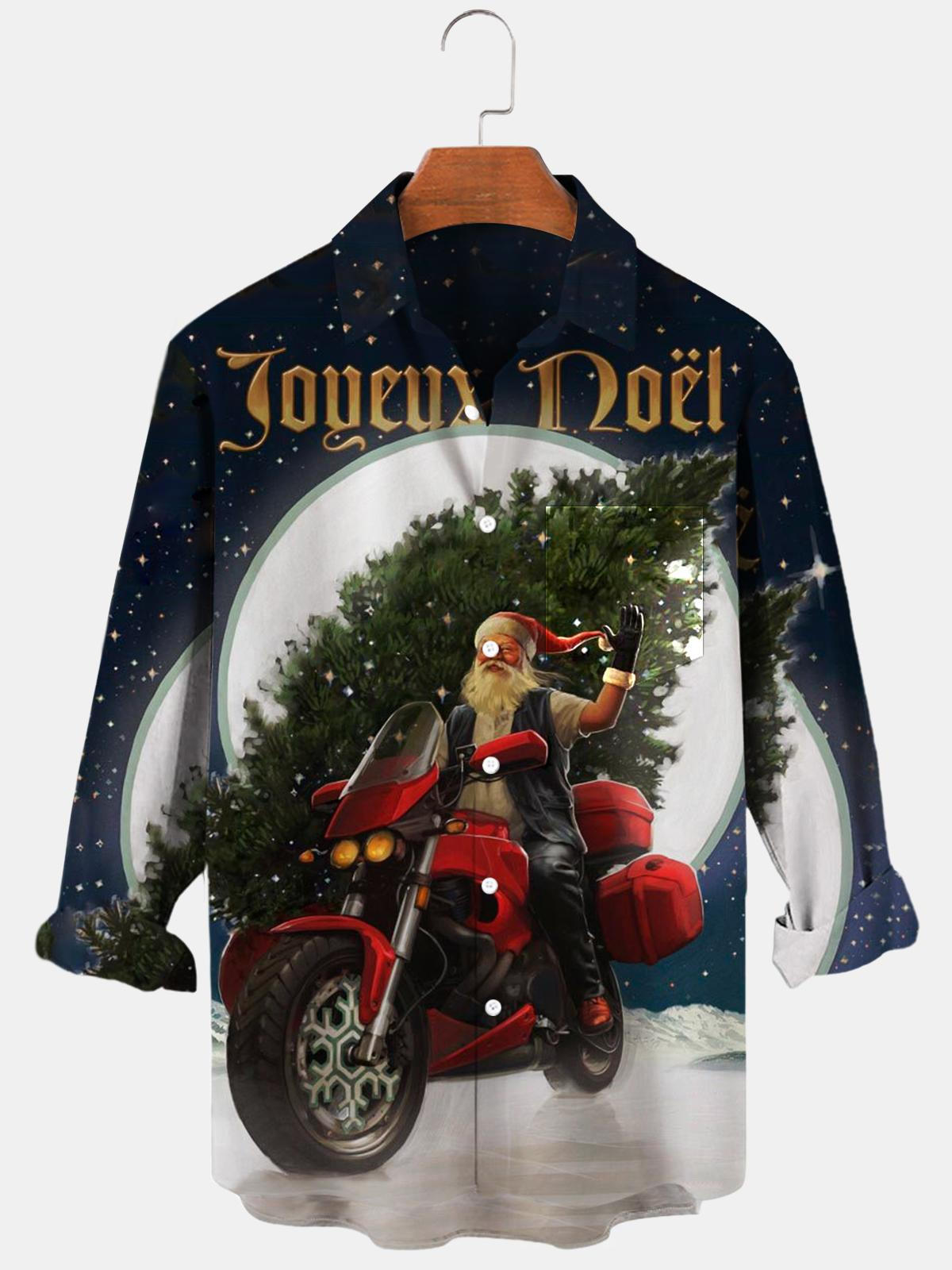 Santa Claus Motorcycle Long Sleeve Men's Shirts With Pocket