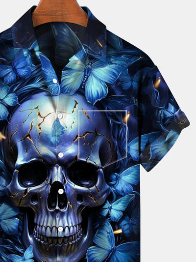 Skull Butterfly Short Sleeve Men's Shirts With Pocket