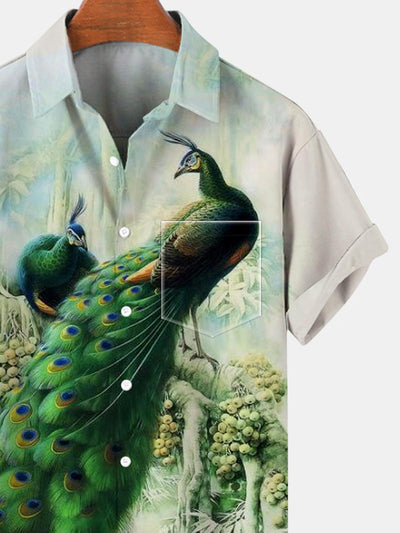 Peacock Short Sleeve Men's Shirts With Pocket