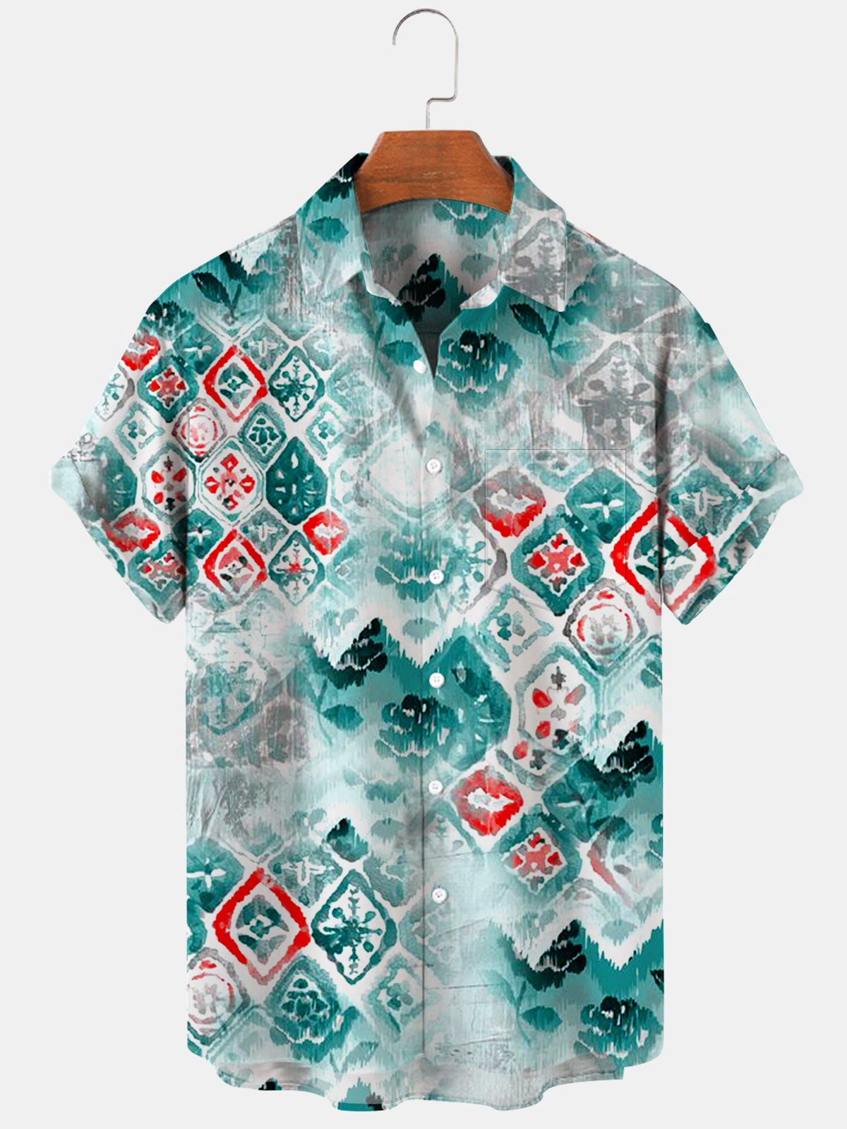 Botanical Geometric Gradient Print Short Sleeve Men's Shirts With Pocket