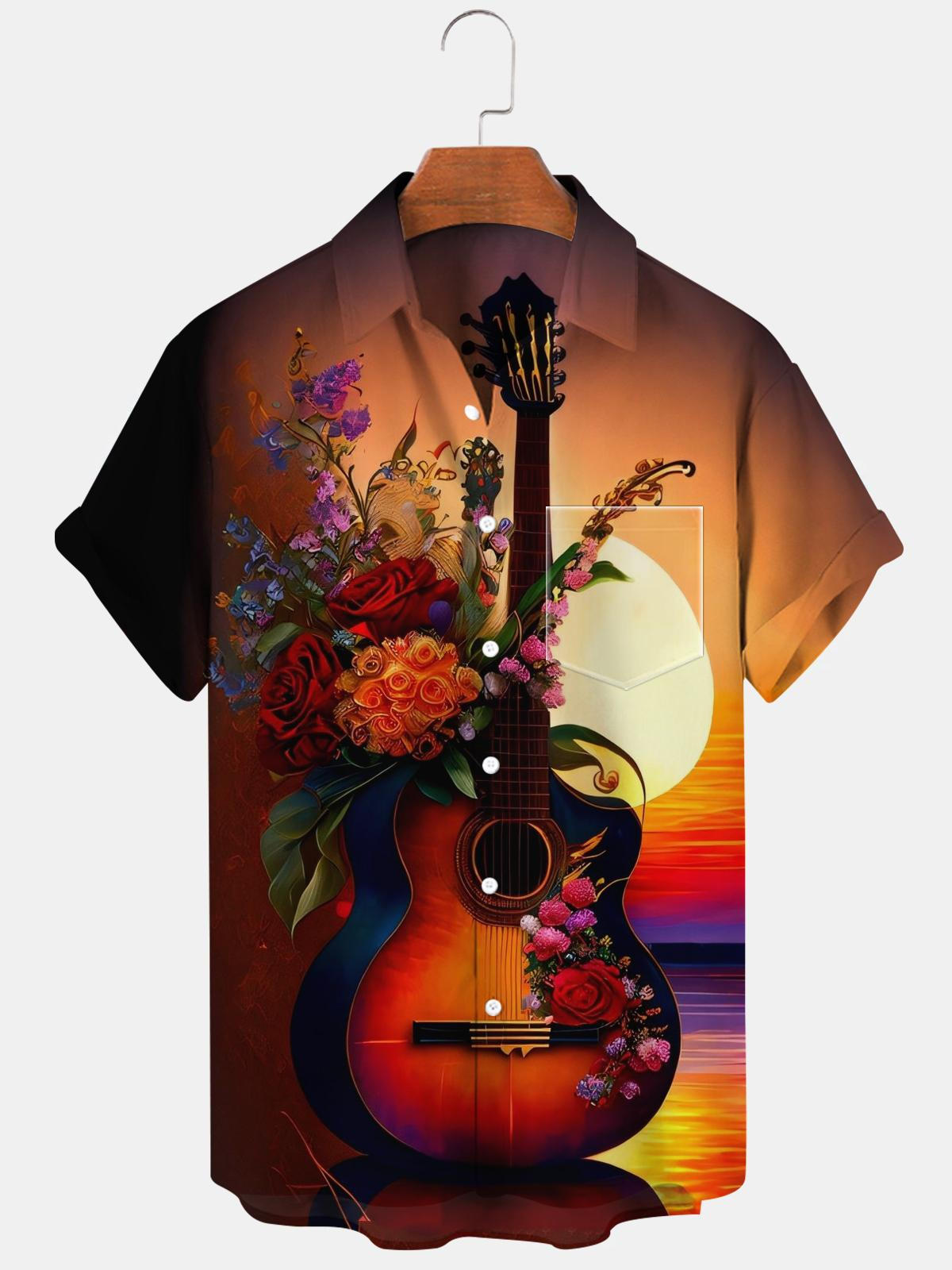 Guitar Flower Short Sleeve Men's Shirts With Pocket