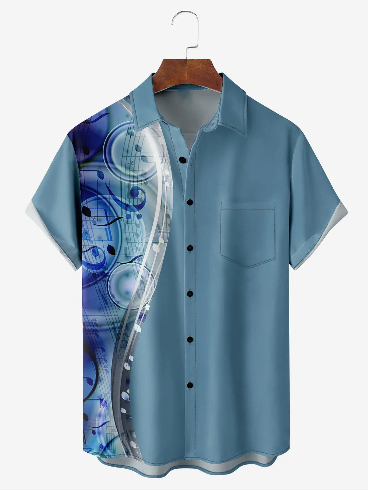 Music Notes Chest Pocket Short Sleeve Casual Shirt