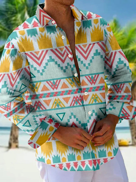 Contrast Ethnic Print Lapel Long Sleeve Men's Shirt