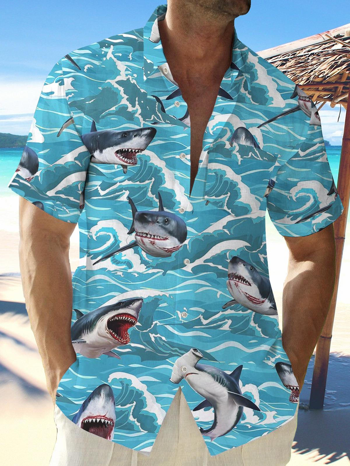 Hawaiian Shark Short Sleeve Men's Shirts With Pocket