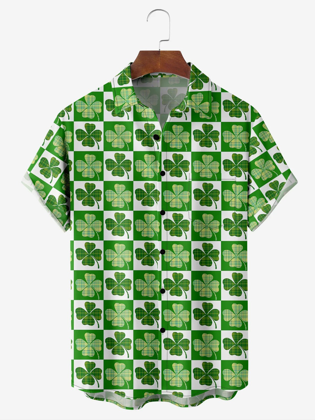 St. Patrick's Day Kleeblatt Hawaiian Vollbreite Druck Kurzarm Herrenhemden mit Tasche