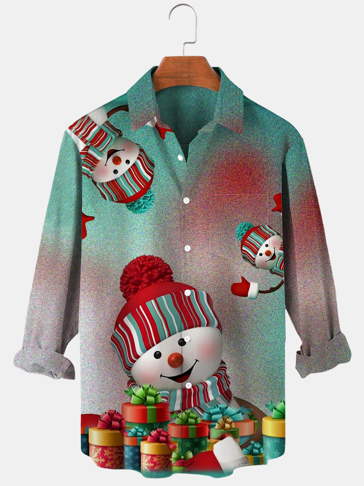 Snowman Long Sleeve Men's Shirts With Pocket