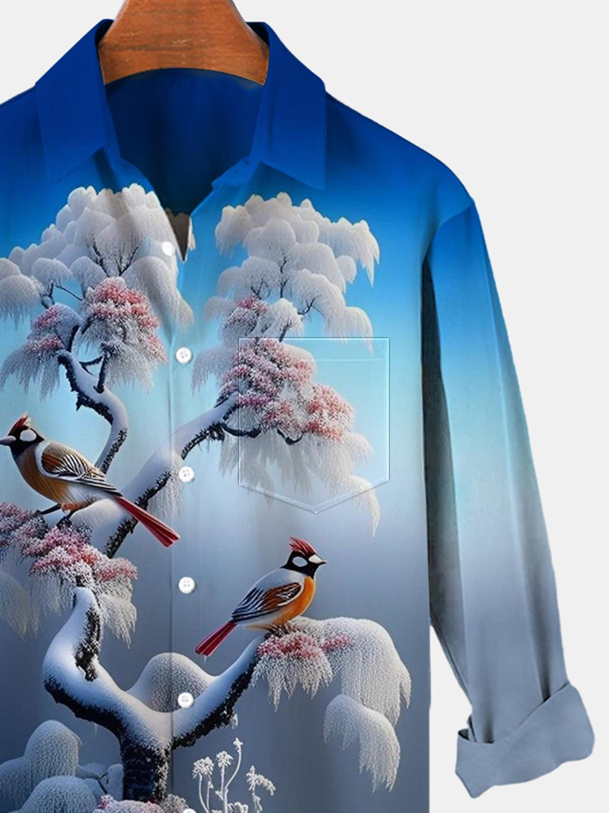 Winter Bird Tree Long Sleeve Men's Shirts With Pocket