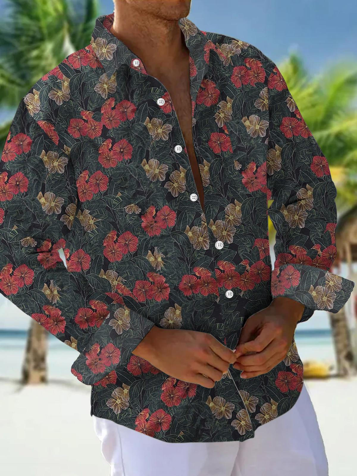 Floral Print Long Sleeve Men's Shirts With Pocket