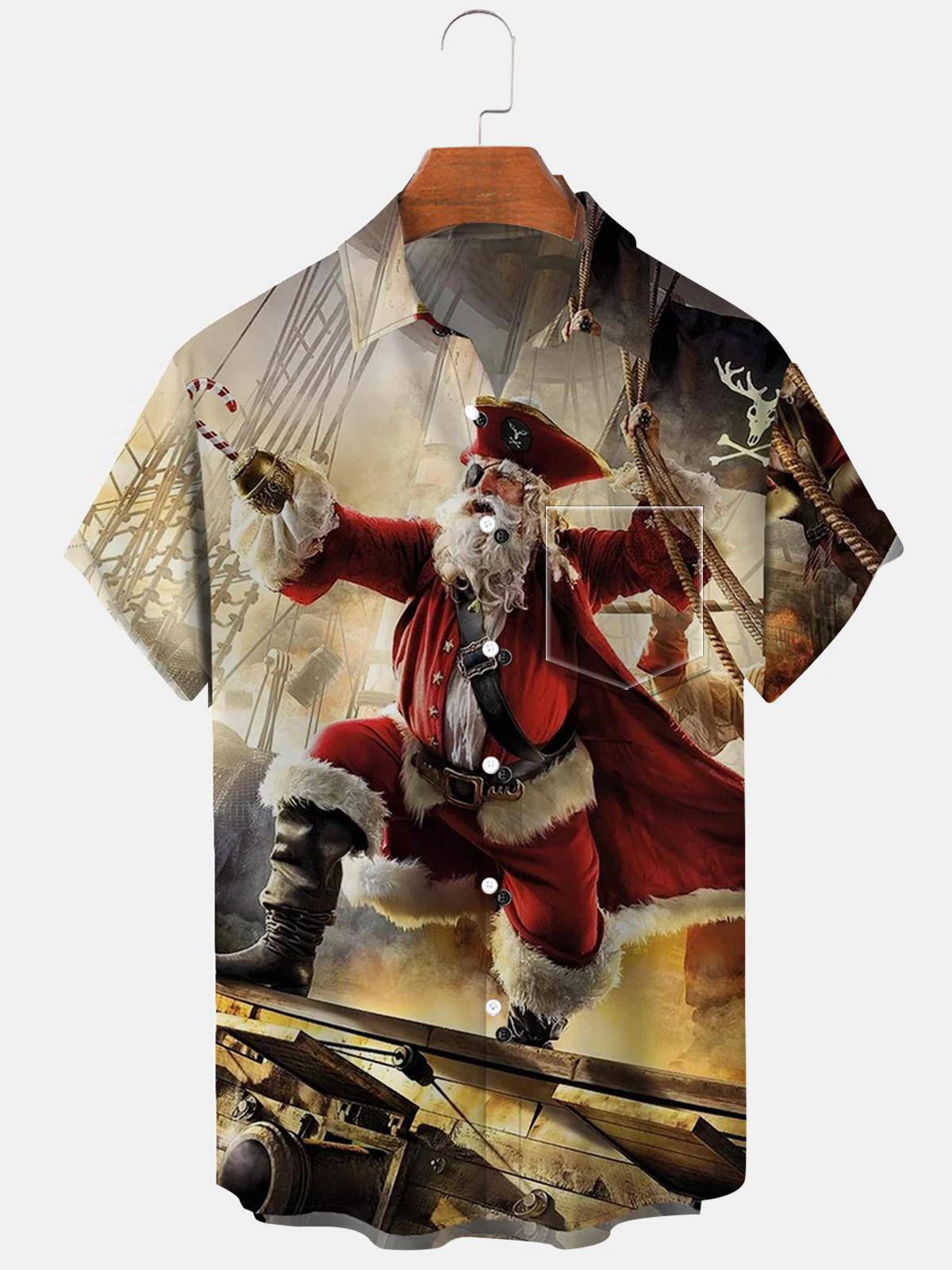 Santa Claus Short Sleeve Men's Shirts With Pocket