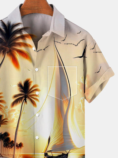 Beach Sailboat Short Sleeve Men's Shirts With Pocket