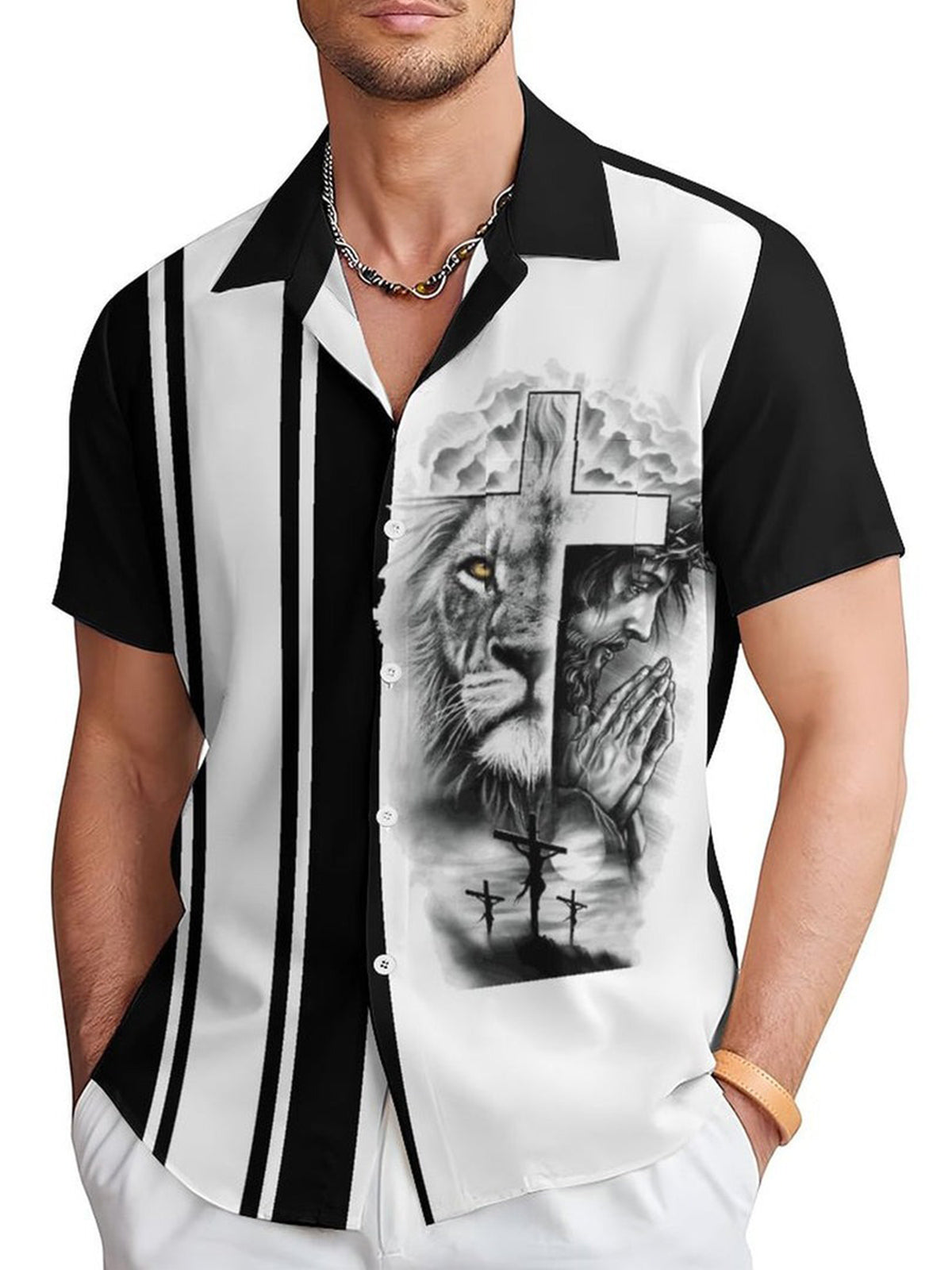 Lion Patchwork Stripes Short Sleeve Men's Shirts With Pocket