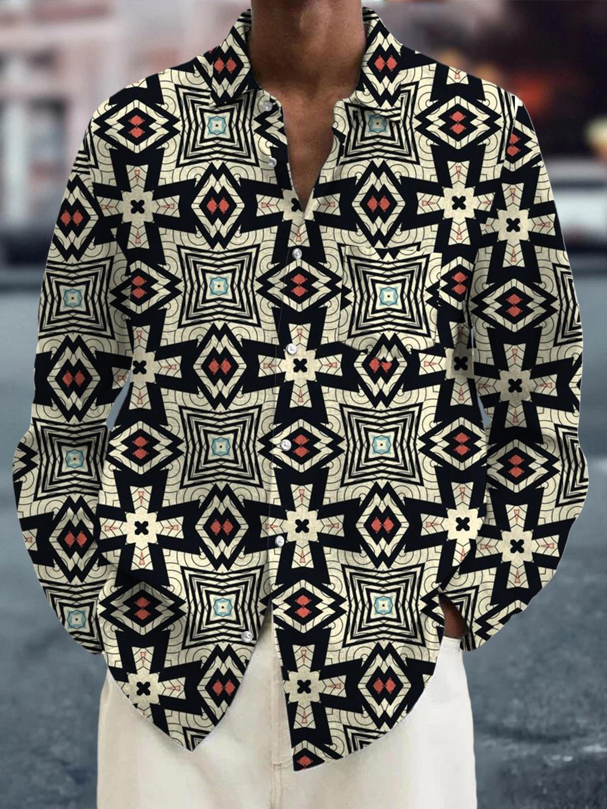 Ethnic Geometric Print Long Sleeve Men's Shirts With Pocket