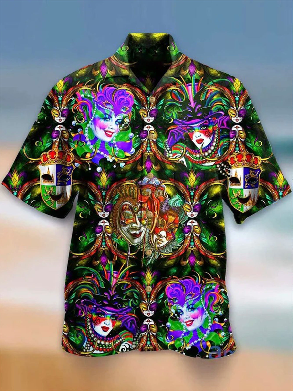 Mardi Gras Blindfold Clown Cuban Collar Shirt