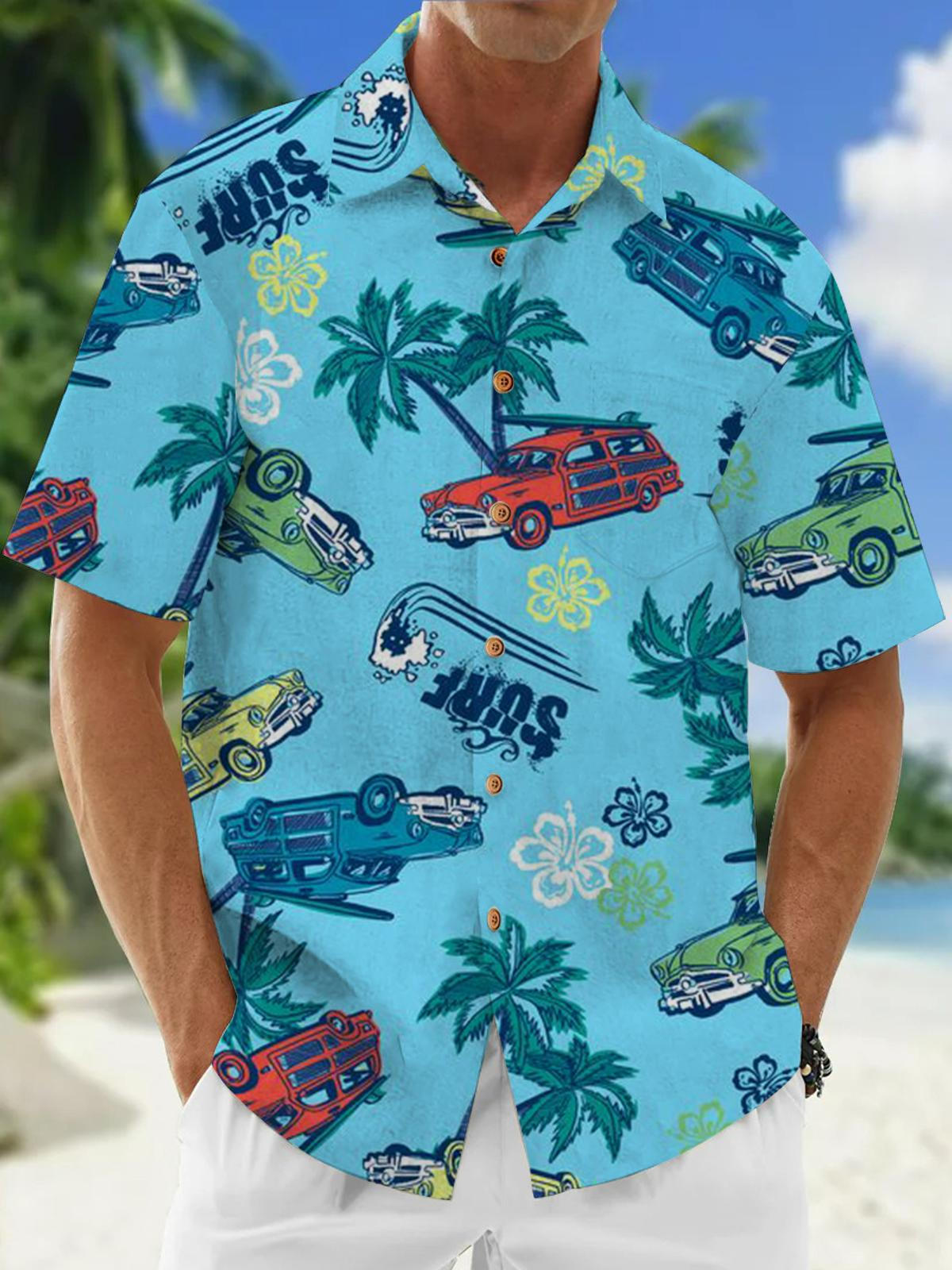 Car Coconut Print Short Sleeve Men's Shirts With Pocket