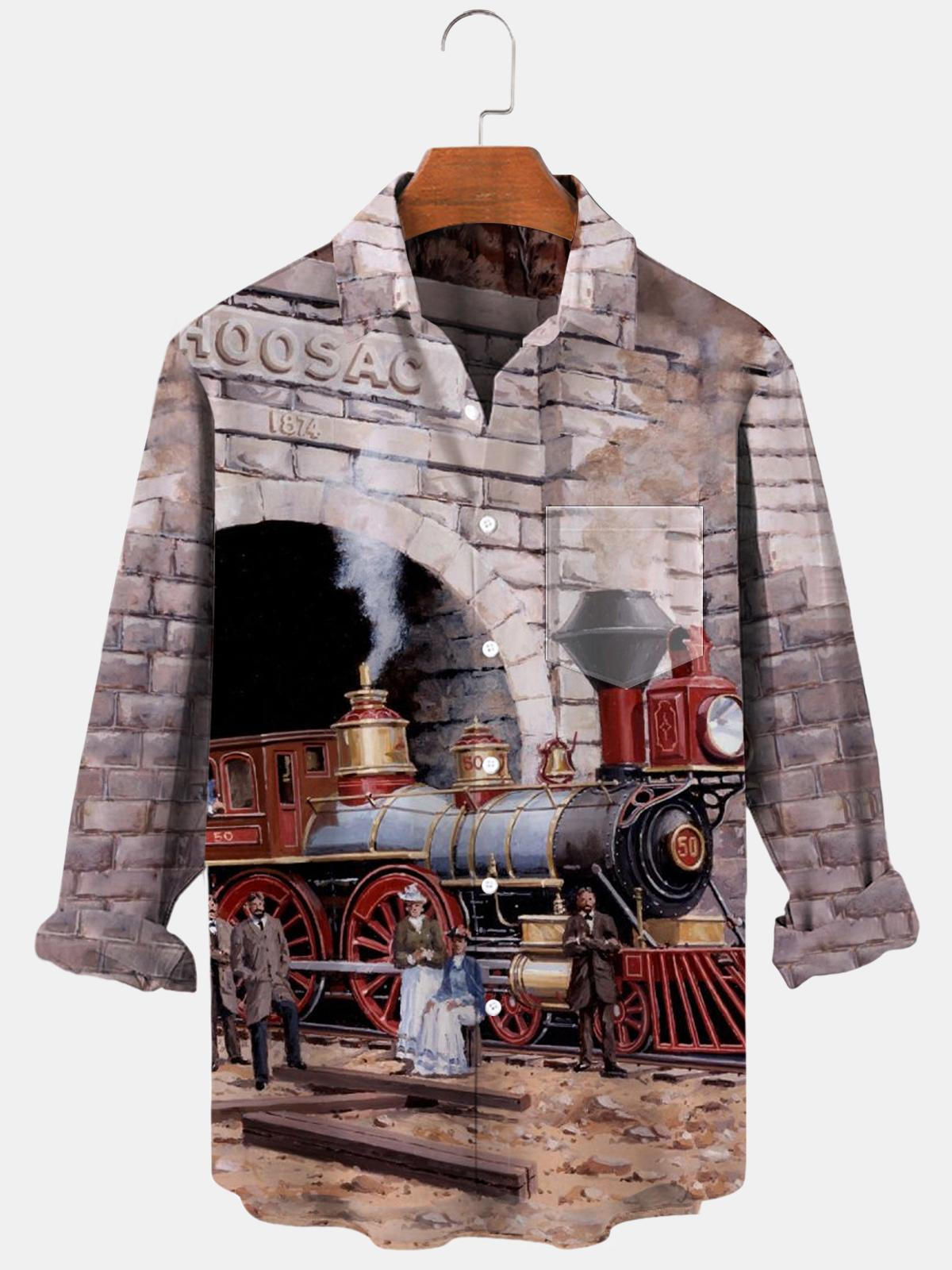 Steam Train Long Sleeve Men's Shirts With Pocket