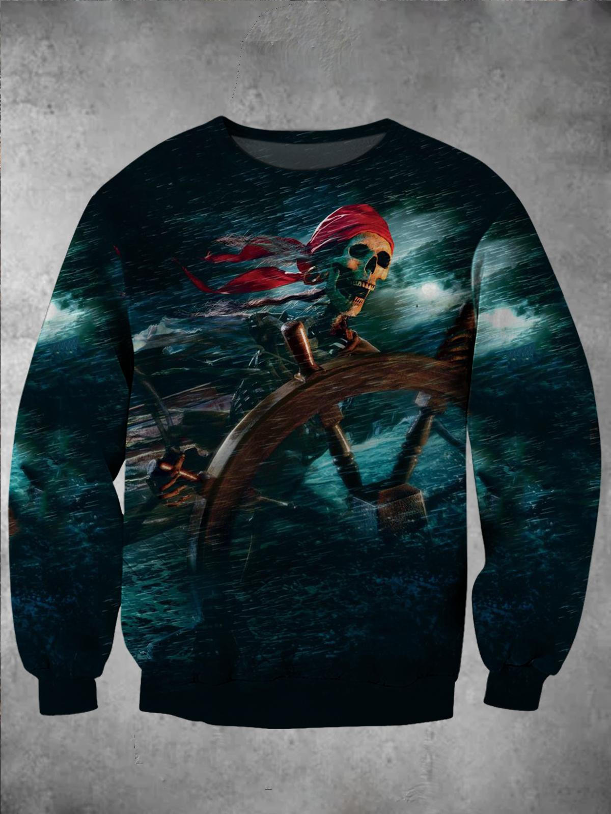 Nautical Skull Print Crew Neck Long Sleeve Men's Top