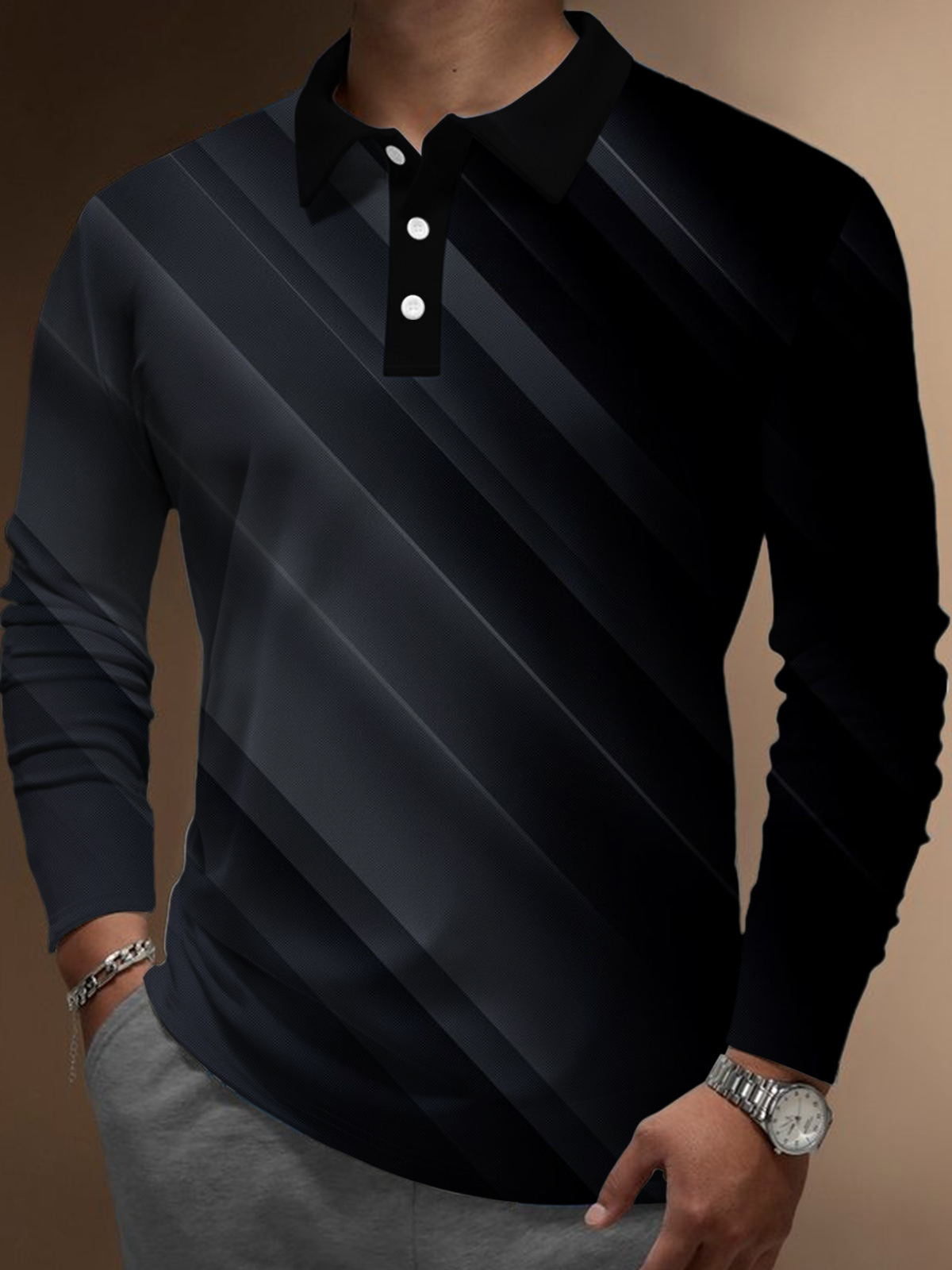 Gradient Print Men's Long Sleeve Button Polo