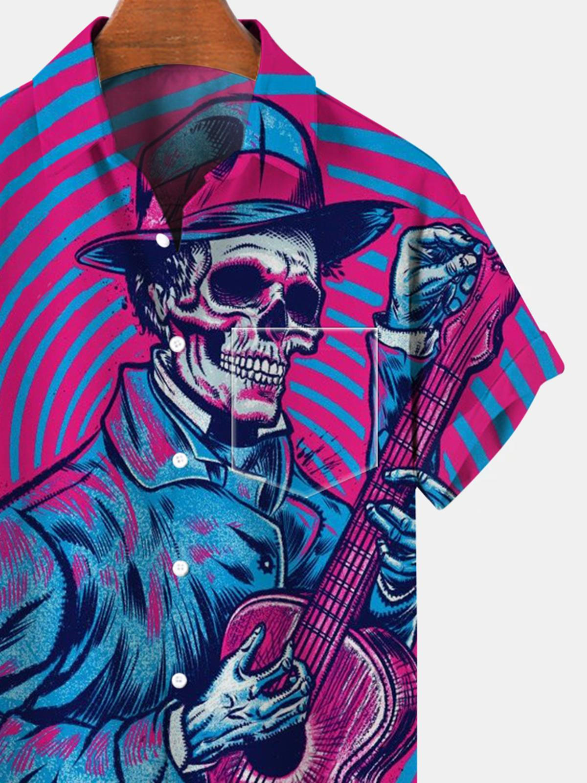 Skull Guitar Short Sleeve Men's Shirts With Pocket