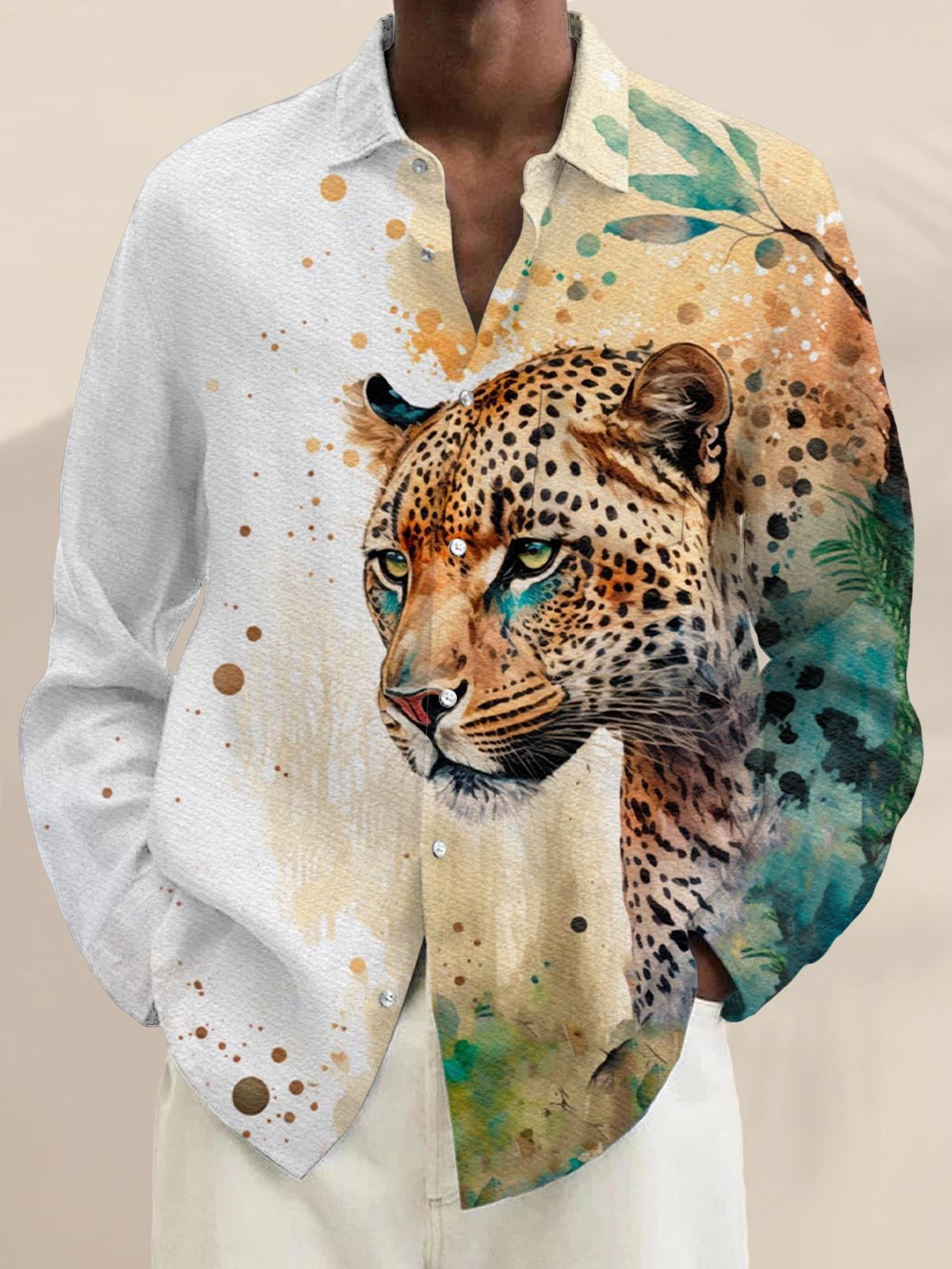 Men's Lion Print Long Sleeve Lapel Shirt