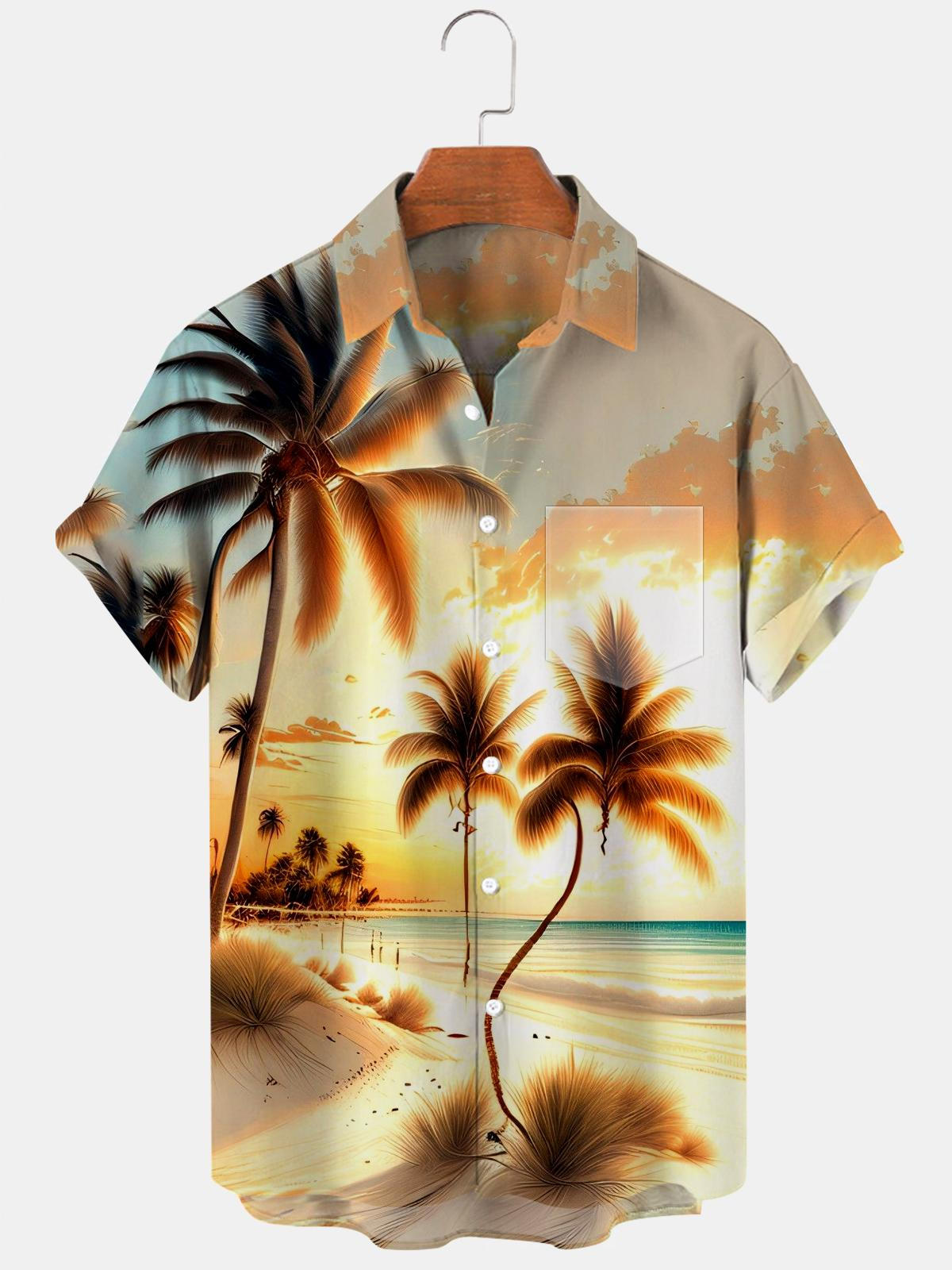 Hawaiian Sunset Coconut Palm Men's Shirts With Pocket