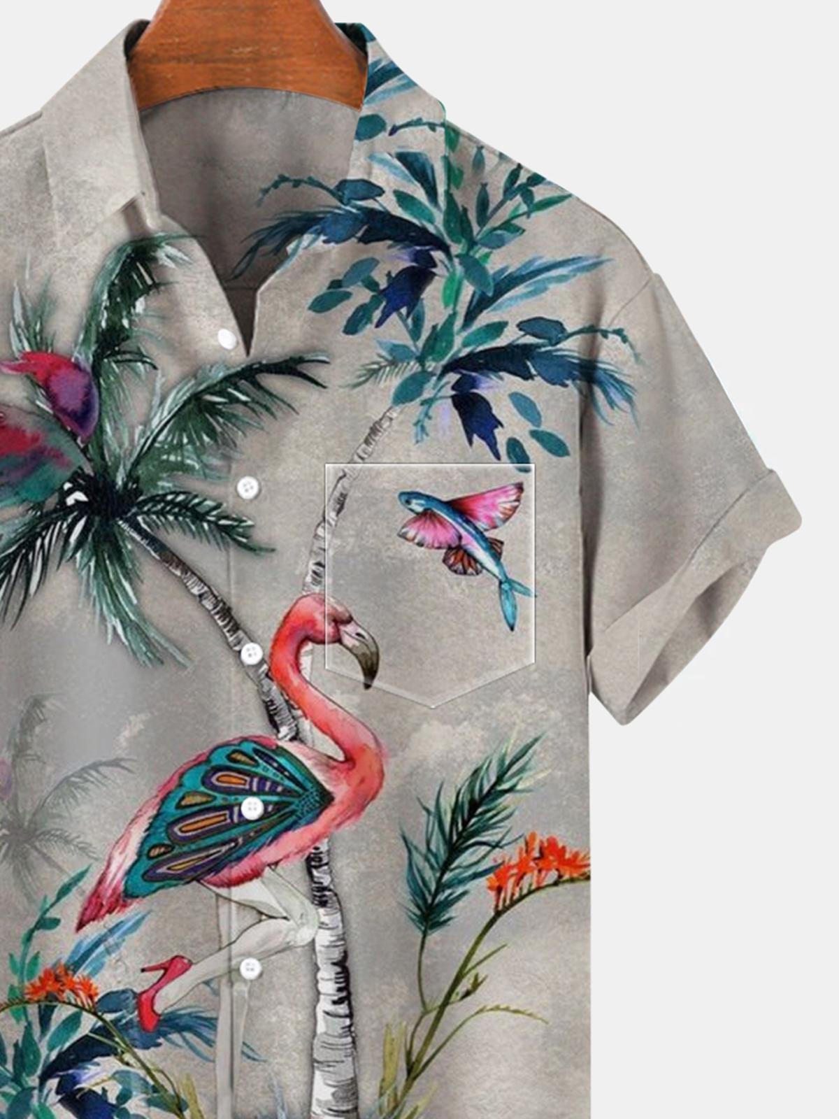 Flamingo Coconut Palm Kurzarm Herrenhemden mit Tasche