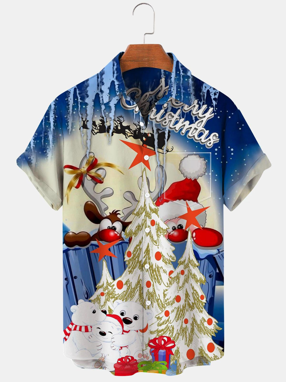 Christmas Deer Short Sleeve Men's Shirts With Pocket